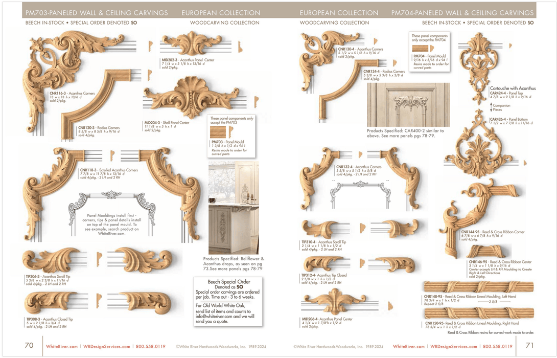 Scrolled Acanthus Corners, 2 Left-Hand (LH) and 2 Right-Hand (RH) pieces, 7 7/8"w x 11 7/8"h x 13/16"d Carved Onlays White River Hardwoods