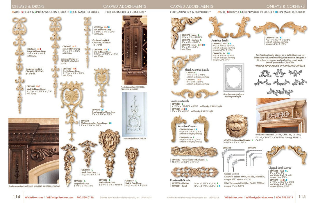 Continuous Scrolls, Lindenwood, 4 1/2"w x 1 15/16"h x 3/4"d Set of 4 Carved Onlays White River Hardwoods