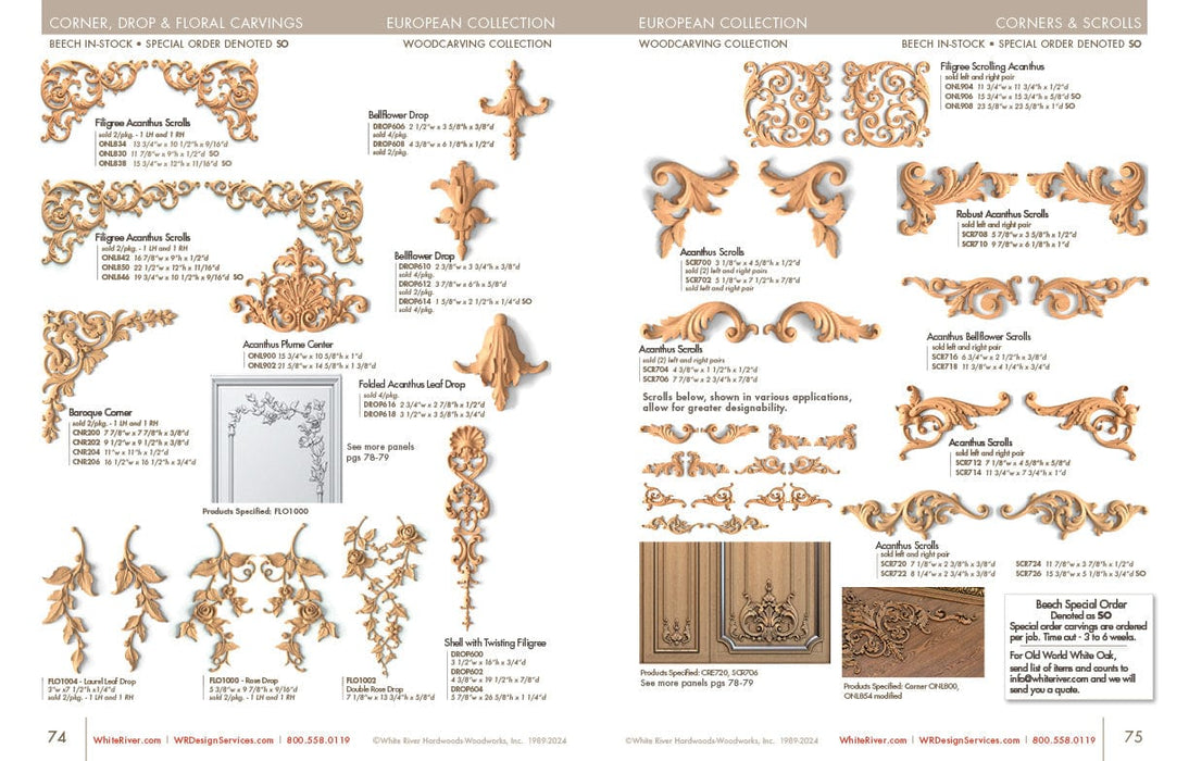 Filigree Acanthus Scrolls Pair, 15 3/4"w x 12"h x 11/16"d, SPECIAL ORDER Carved Onlays White River Hardwoods