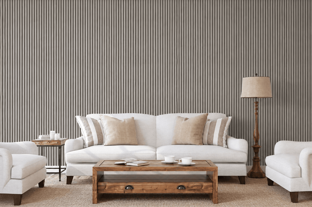 Silver Gray Oak Acoustic Panel, Varnished 1" Wide Slats - Harmony Series - Sold 2 Panels Per Carton Acoustic Slat Panel White River Hardwoods