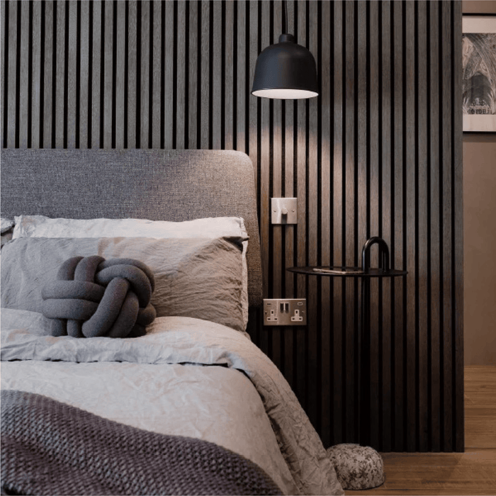Matte Black Oak – Varnished Acoustic Panel – 1" Slat Width – 12-1/2" × 94-1/2" – Sold 2 per Carton Acoustic Slat Panel White River Hardwoods