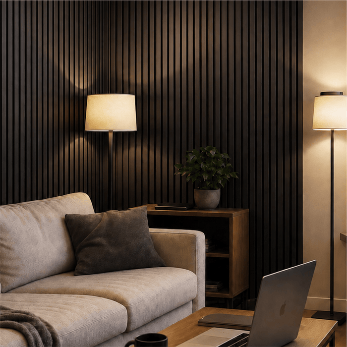 Matte Black Oak – Varnished Acoustic Panel – 1-1/2" Slat Width – 12-1/2" × 94-1/2" – Sold 2 per Carton Acoustic Slat Panel White River Hardwoods