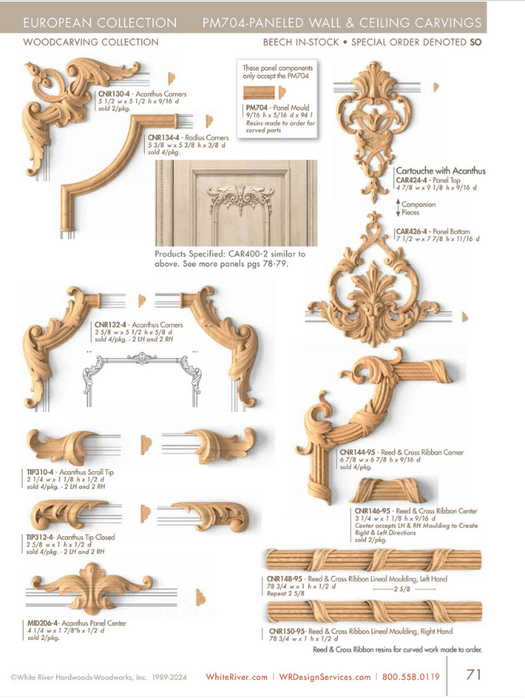 Acanthus Tip Closed, 2 LH and 2 RH, 2 5/8"w x 1"h x 1/2"d Carved Onlays White River Hardwoods