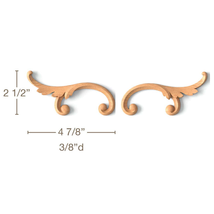 Simple Acanthus Scroll 2, Left & Right Pair, 4 7/8"w x 2 1/2"h x 3/8"d Carved Onlays White River Hardwoods   