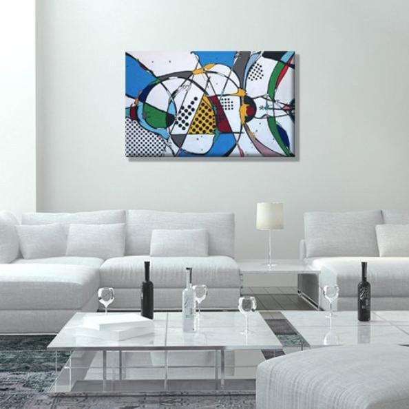 Love Triangles, 30"H x 48"W acrylic abstract painting on 1” ½” wrapped canvas. Only one available. Canvas The American Artist   