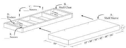 Floating Shelf System, 54"w x 2 1/2"h x 10"d