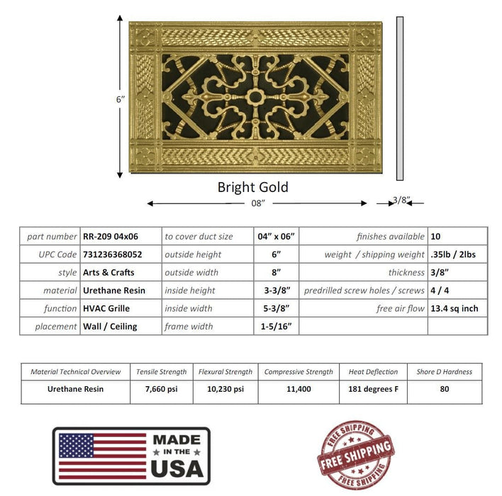 Arts and Crafts Grille for Duct Size of 4"- Please allow 1-2 weeks. Decorative Grilles White River - Interior Décor Bright Gold Duct Size: 4"x 6"( 6"x 8"overall ) 