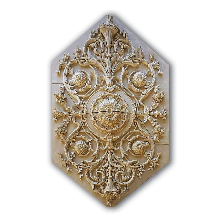 Rinseau Scroll with Trumpets and Roses Medallion,  72'' x 46'' x 3"d, 2 pieces, 4'' center hole,Plaster Plaster Medallions White River Hardwoods   