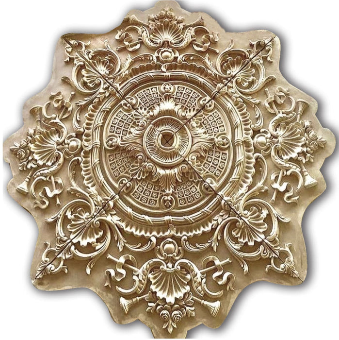 Fret, Plumes, and Ribbons Medallion, 74'' dia x 3"d, 4 pieces, 1.75'' center hole, Plaster Plaster Medallions White River Hardwoods   