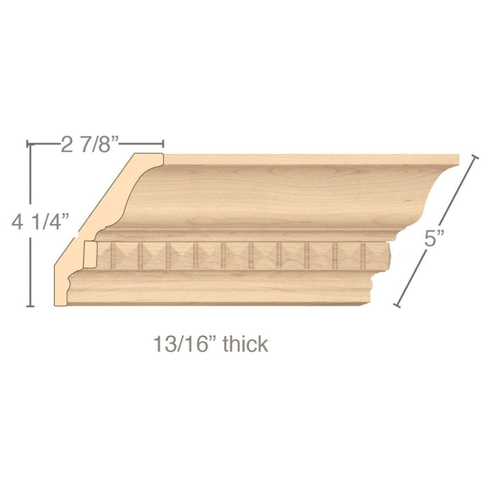 Light Rail Crown Moulding With Pinnacle Insert, 5"w x 13/16"d x 8' length
