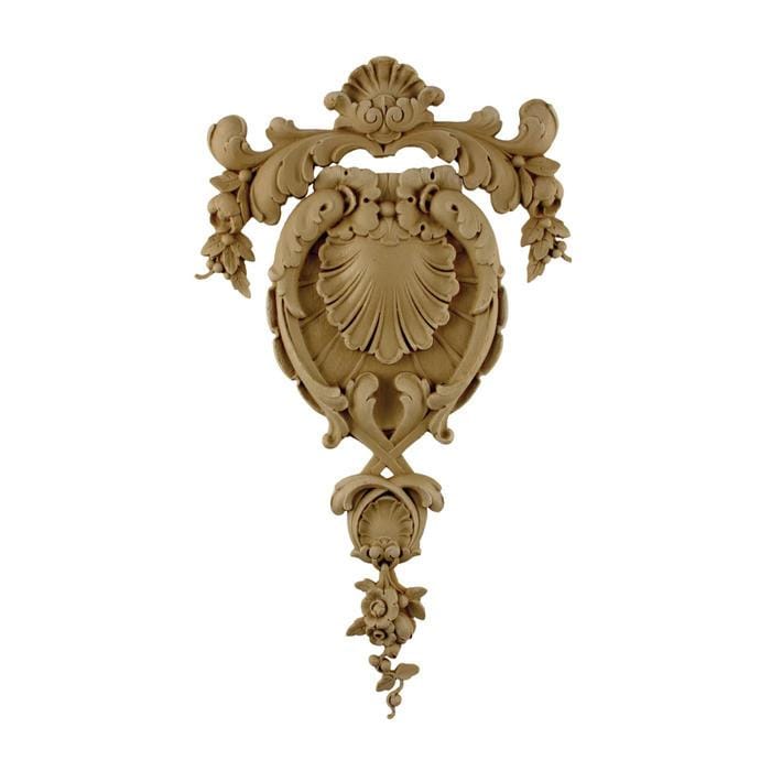 French Renaissance Shell and Flower Drop, 7 1/4"w x 8 3/4"h x 1/2"d, Made to Order, Not Returnable, MINIMUM ORDER AMOUNT $200 Onlays - Composition Ornament Decorators Supply   